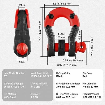 2 Pack 19.05 mm D Ring Shackle with 22 mm Screw Pin 30T Break Strength