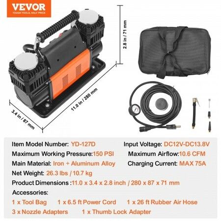 10.6CFM Portable Tire Inflator Dual-Cylinder Air Compressor 12V 150PSI