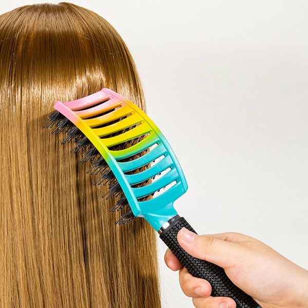 Boar Bristle Curved Hair Brush For Detangling Wet Or Dry Long Thick Hair Color Coloful