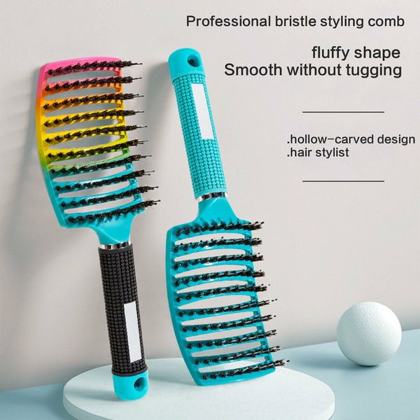 Boar Bristle Curved Hair Brush For Detangling Wet Or Dry Long Thick Hair Color Coloful