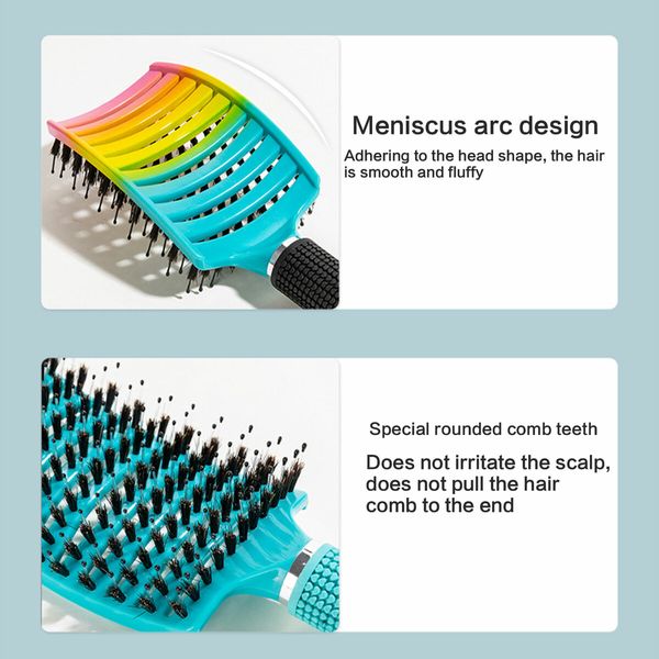 Boar Bristle Curved Hair Brush For Detangling Wet Or Dry Long Thick Hair Color Coloful