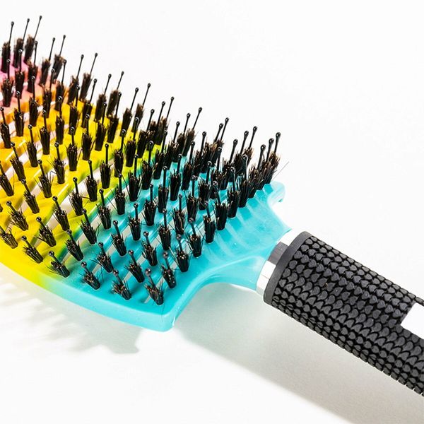 Boar Bristle Curved Hair Brush For Detangling Wet Or Dry Long Thick Hair Color Coloful