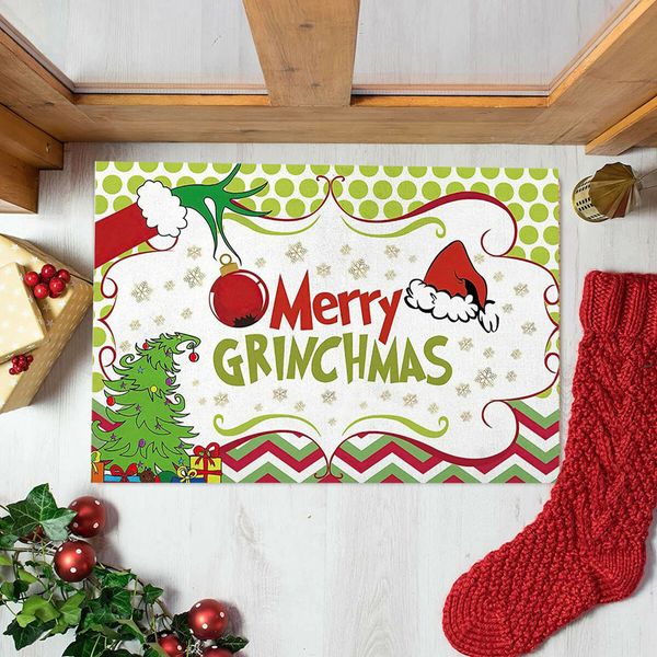 Grinch Christmas Doormat Plaid Washable Non-Slip  Front Door Mat Indoor Outdoor Holiday Decor