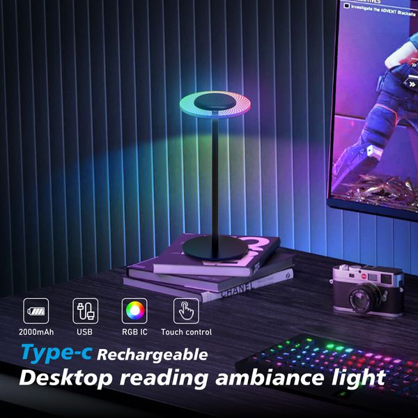 Cordless Table Lamp, Rechargeable Cordless Lamp, Stepless Dimming and RGB Modes, Desk Lamp for Bedroom/Bars/Outdoor Party/Home Decor