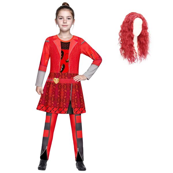 Red Costume Jumpsuits for Girl Rise Red Princess Party Dress up for Age3+ Kids Wig Included (Size:130cm)