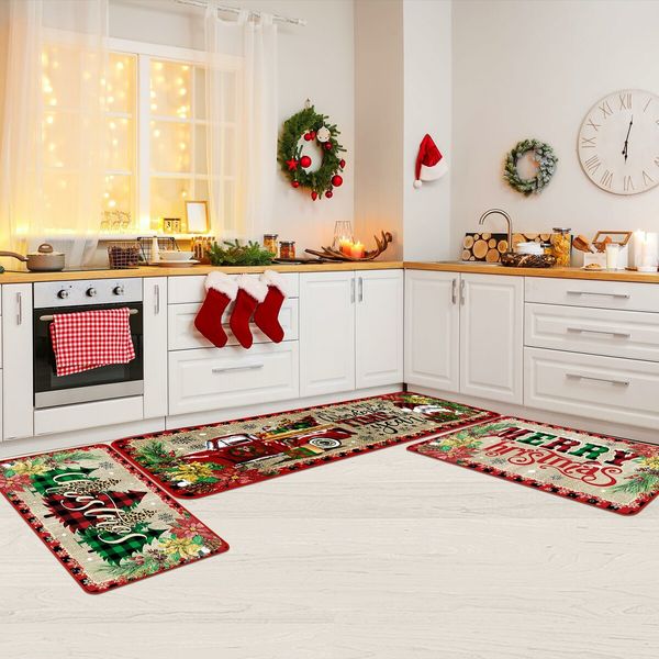 3 Pcs Merry Christmas Kitchen Mat Washable Rug Non Slip Doormat Waterproof Farmhouse Holiday Decor for Home Floor Office Bathroom