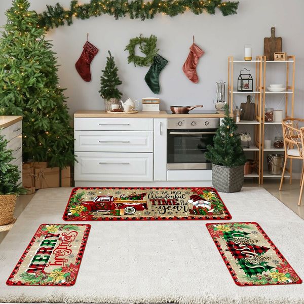 3 Pcs Merry Christmas Kitchen Mat Washable Rug Non Slip Doormat Waterproof Farmhouse Holiday Decor for Home Floor Office Bathroom