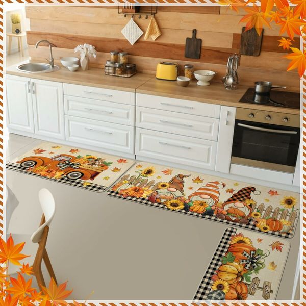 3 Pcs Fall Pumpkin Kitchen Mat Washable Rug Non Slip Doormat Waterproof Kitchen Farmhouse Decor for Home Floor Office Bathroom