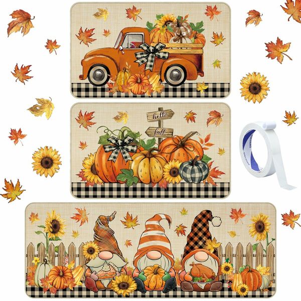 3 Pcs Fall Pumpkin Kitchen Mat Washable Rug Non Slip Doormat Waterproof Kitchen Farmhouse Decor for Home Floor Office Bathroom