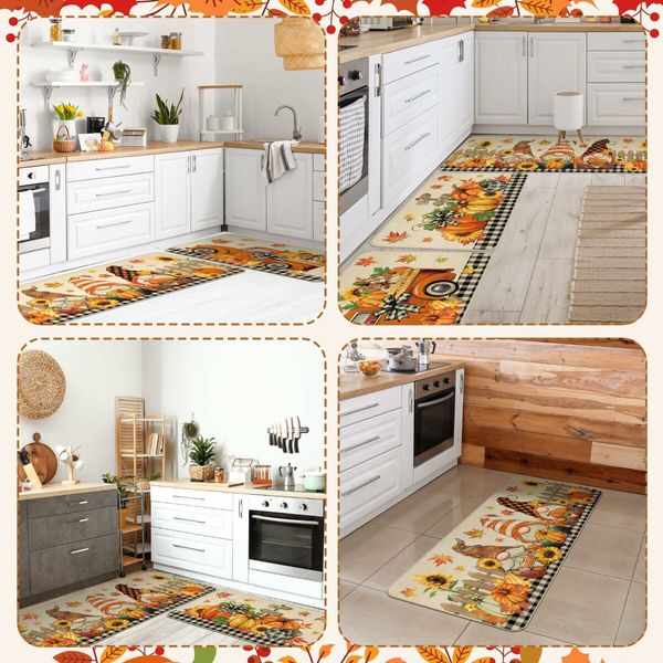 3 Pcs Fall Pumpkin Kitchen Mat Washable Rug Non Slip Doormat Waterproof Kitchen Farmhouse Decor for Home Floor Office Bathroom