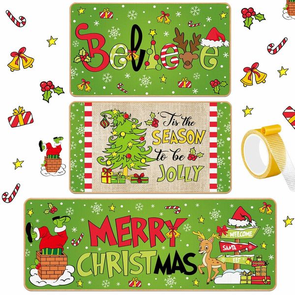 3 Pcs Christmas Kitchen Rugs Lime Green Door Mat Non Slip Believe Floor Rug Farmhouse Decorations for Home Floor Office