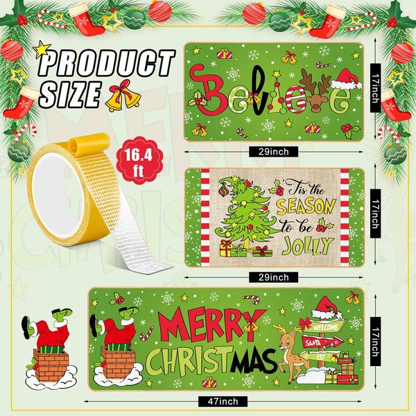 3 Pcs Christmas Kitchen Rugs Lime Green Door Mat Non Slip Believe Floor Rug Farmhouse Decorations for Home Floor Office