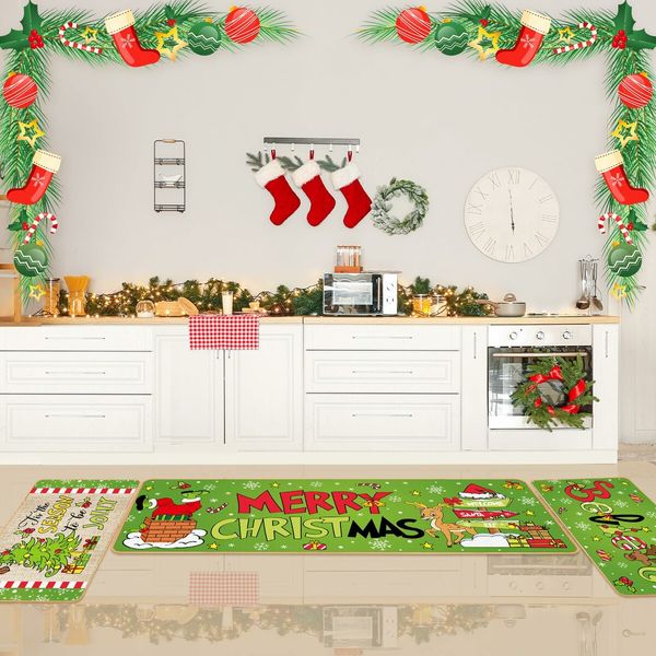 3 Pcs Christmas Kitchen Rugs Lime Green Door Mat Non Slip Believe Floor Rug Farmhouse Decorations for Home Floor Office