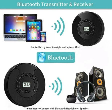 Rechargeable Portable CD Player MP3 With Dual Bluetooth Dual Speakers LCD Display For Car Home AUX USB Mode Color White