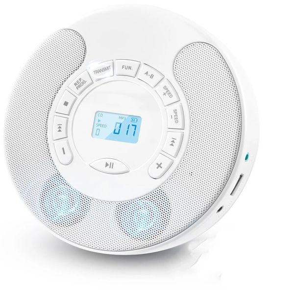 Rechargeable Portable CD Player MP3 With Dual Bluetooth Dual Speakers LCD Display For Car Home AUX USB Mode Color White