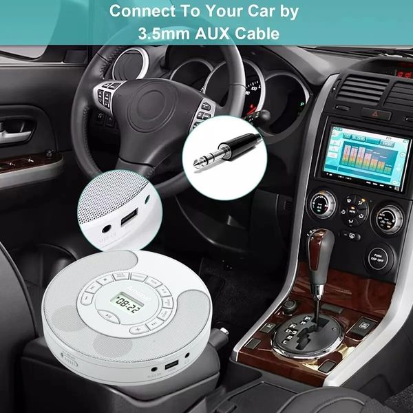 Rechargeable Portable CD Player MP3 With Dual Bluetooth Dual Speakers LCD Display For Car Home AUX USB Mode Color White