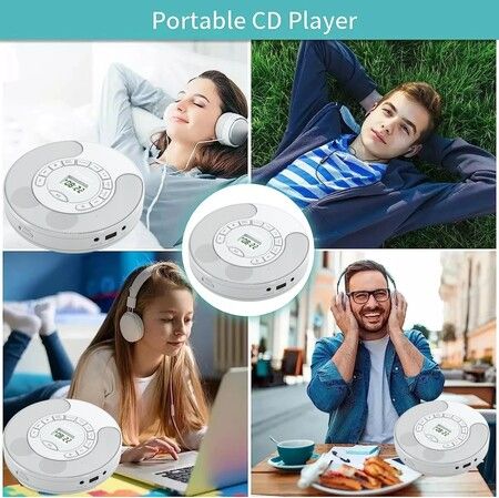 Rechargeable Portable CD Player MP3 With Dual Bluetooth Dual Speakers LCD Display For Car Home AUX USB Mode Color White