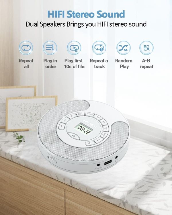 Rechargeable Portable CD Player MP3 With Dual Bluetooth Dual Speakers LCD Display For Car Home AUX USB Mode Color White