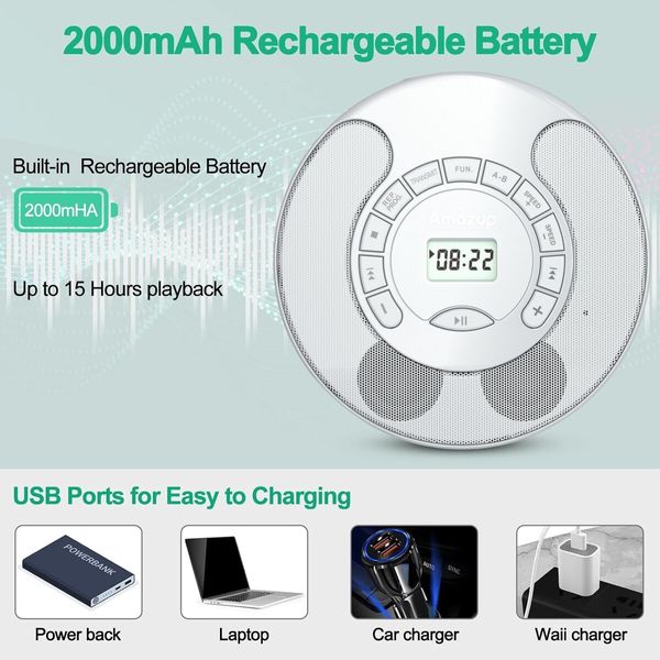 Rechargeable Portable CD Player MP3 With Dual Bluetooth Dual Speakers LCD Display For Car Home AUX USB Mode Color White