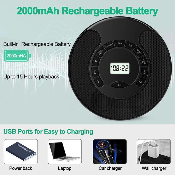 Rechargeable Portable CD Player MP3 With Dual Bluetooth Dual Speakers LCD Display For Car Home AUX USB Mode Color Black