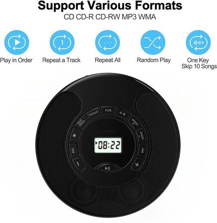 Rechargeable Portable CD Player MP3 With Dual Bluetooth Dual Speakers LCD Display For Car Home AUX USB Mode Color Black