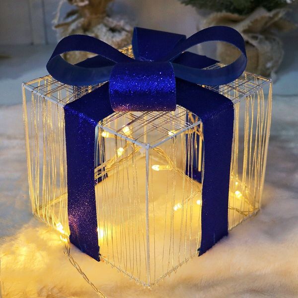 Set of 3 Christmas Light Gift Boxes Decorations LED Light Up AAA Battery Power Tree Ornament Indoor Outdoor Holiday Party Home Yard Size 12CM 15CM 19CM