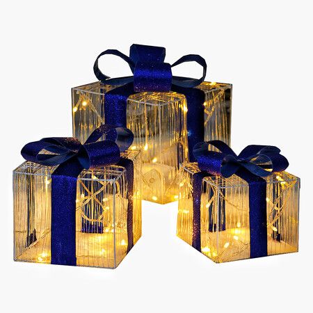 Set of 3 Christmas Light Gift Boxes Decorations LED Light Up AAA Battery Power Tree Ornament Indoor Outdoor Holiday Party Home Yard Size 12CM 15CM 19CM