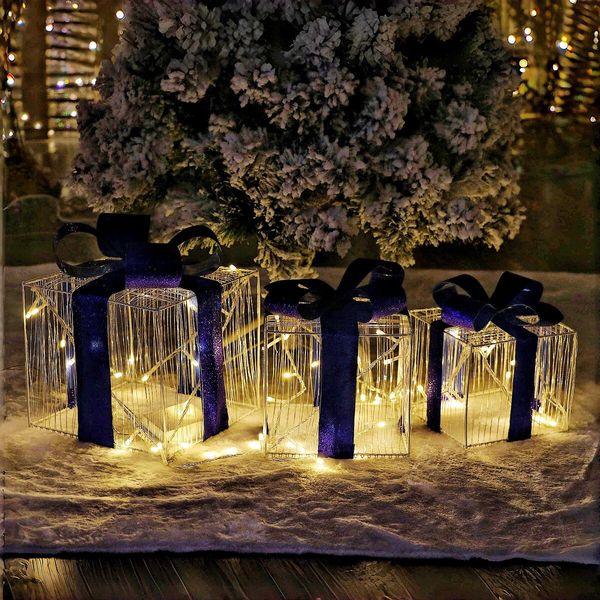 Set of 3 Christmas Light Gift Boxes Decorations LED Light Up AAA Battery Power Tree Ornament Indoor Outdoor Holiday Party Home Yard Size 12CM 15CM 19CM