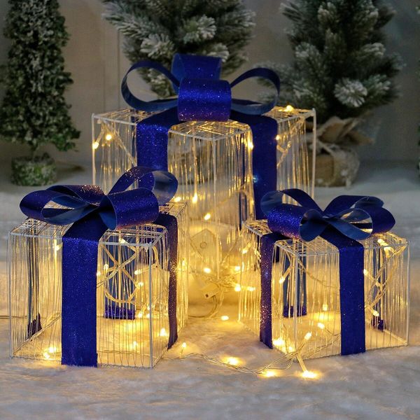 Set of 3 Christmas Light Gift Boxes Decorations LED Light Up AAA Battery Power Tree Ornament Indoor Outdoor Holiday Party Home Yard Size 12CM 15CM 19CM