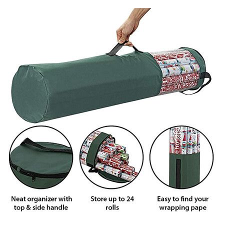 Green 24 Roll Christmas Wrapping Paper Storage Bag 40 Inch Heavy Duty Polyester PVC Clear Organizer with Handles