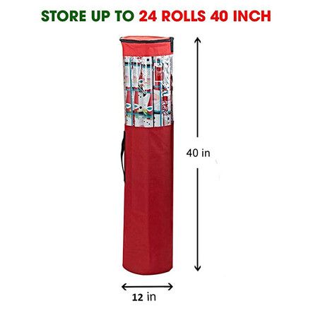 Red 24 Roll Christmas Wrapping Paper Storage Bag 40 Inch Heavy Duty Polyester PVC Clear Organizer with Handles