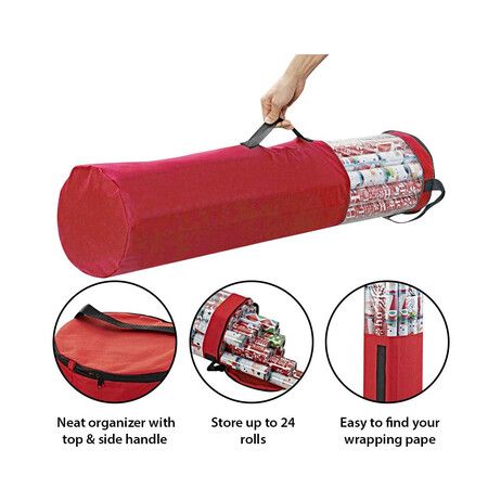 Red 24 Roll Christmas Wrapping Paper Storage Bag 40 Inch Heavy Duty Polyester PVC Clear Organizer with Handles