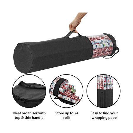 Black 24 Roll Christmas Wrapping Paper Storage Bag 40 Inch Heavy Duty Polyester PVC Clear Organizer with Handles