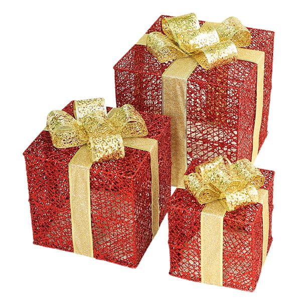 Set of 3 Christmas Light Gift Boxes Decorations LED Light Up AAA Battery Power Tree Ornament Indoor Outdoor Holiday Party Home Yard Size 15CM 20CM 25CM