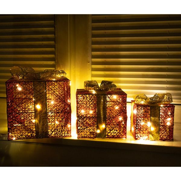 Set of 3 Christmas Light Gift Boxes Decorations LED Light Up AAA Battery Power Tree Ornament Indoor Outdoor Holiday Party Home Yard Size 15CM 20CM 25CM