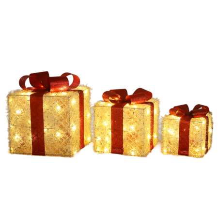 Set of 3 Christmas Light Gift Boxes Decorations LED Light Up AAA Battery Power Tree Ornament Indoor Outdoor Holiday Party Home Yard Size 15CM 20CM 25CM