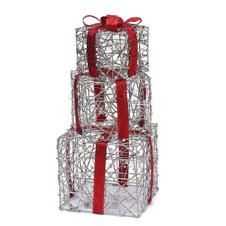 Set of 3 Christmas Light Gift Boxes Decorations LED Light Up AAA Battery Power Tree Ornament Indoor Outdoor Holiday Party Home Yard