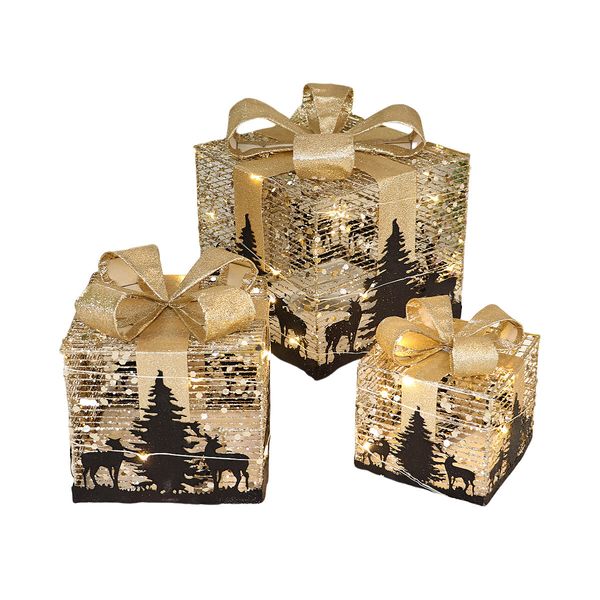 Set of 3 Christmas Light Gift Boxes Decorations LED Light Up AAA Battery Power Tree Ornament Indoor Outdoor Holiday Party Home Yard Size 15CM 20CM 25CM