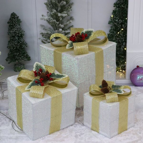 Set of 3 Christmas Light Gift Boxes Decorations LED Light Up AAA Battery Power Tree Ornament Indoor Outdoor Holiday Party Home Yard Size 15CM 20CM 25CM