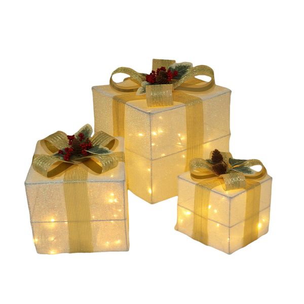 Set of 3 Christmas Light Gift Boxes Decorations LED Light Up AAA Battery Power Tree Ornament Indoor Outdoor Holiday Party Home Yard Size 15CM 20CM 25CM