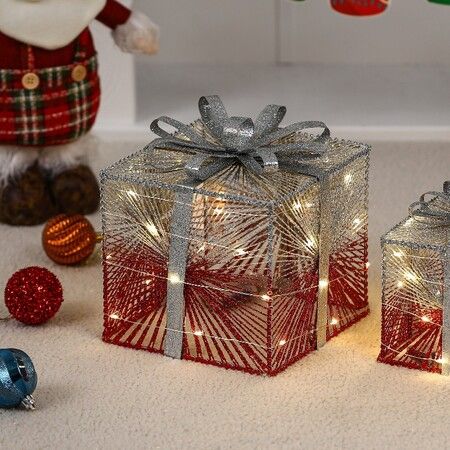 Set of 3 Christmas Light Gift Boxes Decorations LED Light Up AAA Battery Power Tree Ornament Indoor Outdoor Holiday Party Home Yard Size 15CM 20CM 25CM