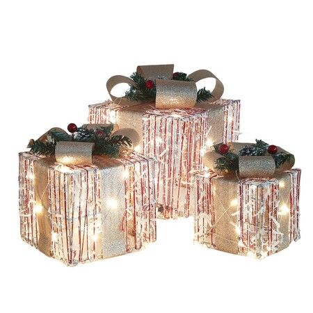 Set of 3 Christmas Light Gift Boxes Decorations LED Light Up AAA Battery Power Tree Ornament Indoor Outdoor Holiday Party Home Yard Size 15CM 20CM 25CM