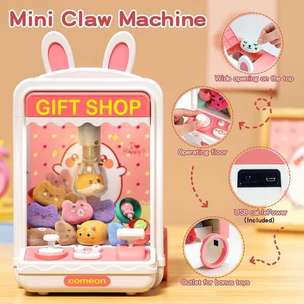 Kids Claw Machine,Mini Candy Vending Grabber,Prize Dispenser Toys,Electronic Claw Game Machine for Party Birthdays with Lights Sound,Includes 20 Plush and 10 Mini Toys