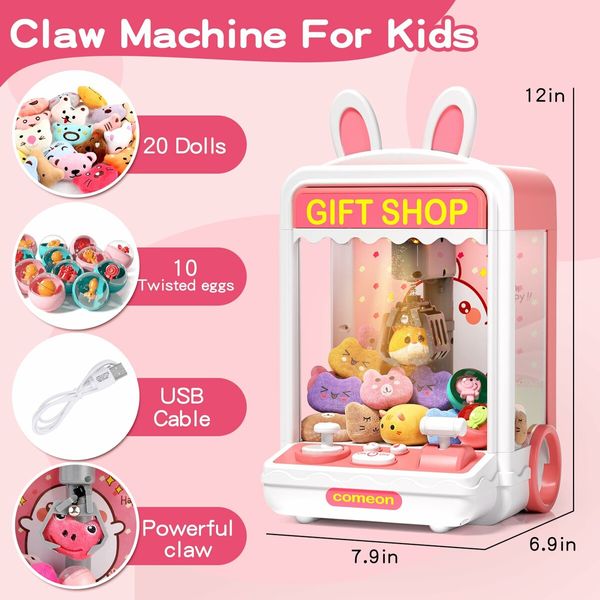 Kids Claw Machine,Mini Candy Vending Grabber,Prize Dispenser Toys,Electronic Claw Game Machine for Party Birthdays with Lights Sound,Includes 20 Plush and 10 Mini Toys