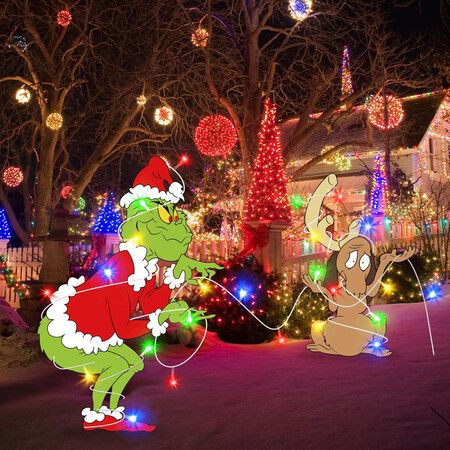 LED Grinches Outdoor Christmas Decorations Fence Yard Decorations 3M LED Lights BATTERY POWER Yard Signs  for Christmas Holiday Garden