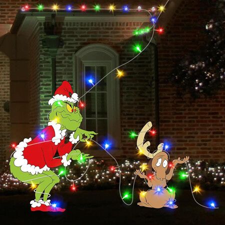 LED Grinches Outdoor Christmas Decorations Fence Yard Decorations 3M LED Lights BATTERY POWER Yard Signs  for Christmas Holiday Garden