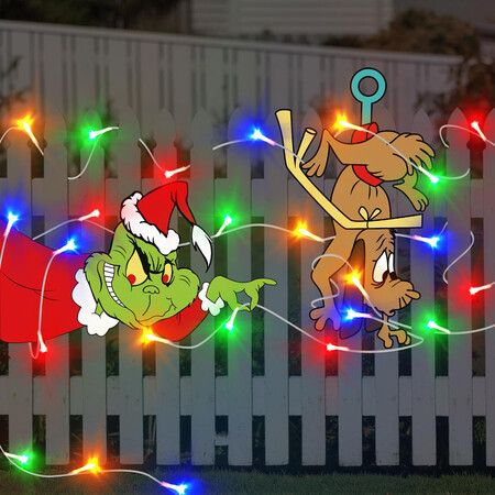 LED Grinches Outdoor Christmas Decorations Fence Yard Decorations 3M LED Lights BATTERY POWER Yard Signs  for Christmas Holiday Garden