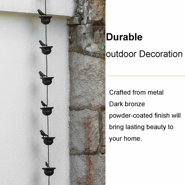 2.4Meter Mobile Birds on Cups Rain Chain for Outside, Rain Chains for Gutters Downspouts, Dark Bronze