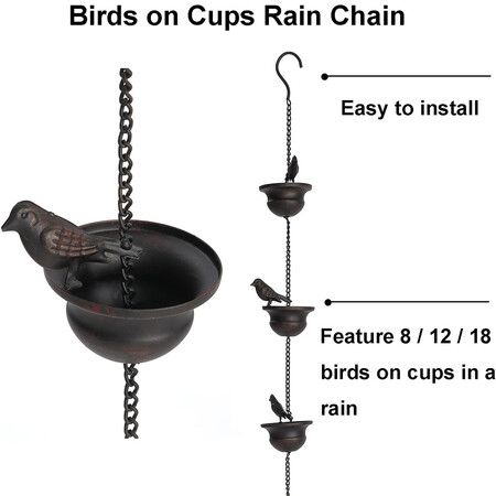 2.4Meter Mobile Birds on Cups Rain Chain for Outside, Rain Chains for Gutters Downspouts, Dark Bronze