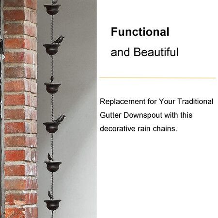 2.4Meter Mobile Birds on Cups Rain Chain for Outside, Rain Chains for Gutters Downspouts, Dark Bronze